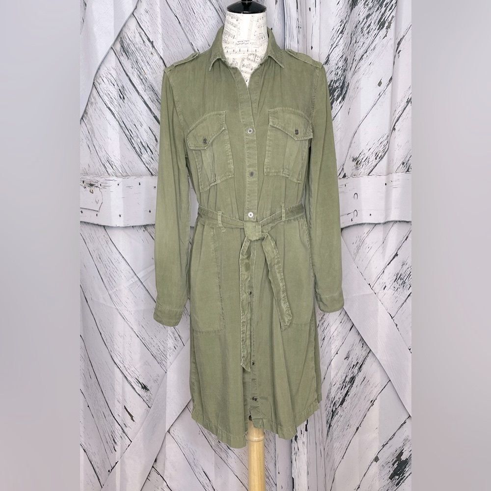 Cloth & Stone Shirt Dress Long Sleeves Olive Green Belted M